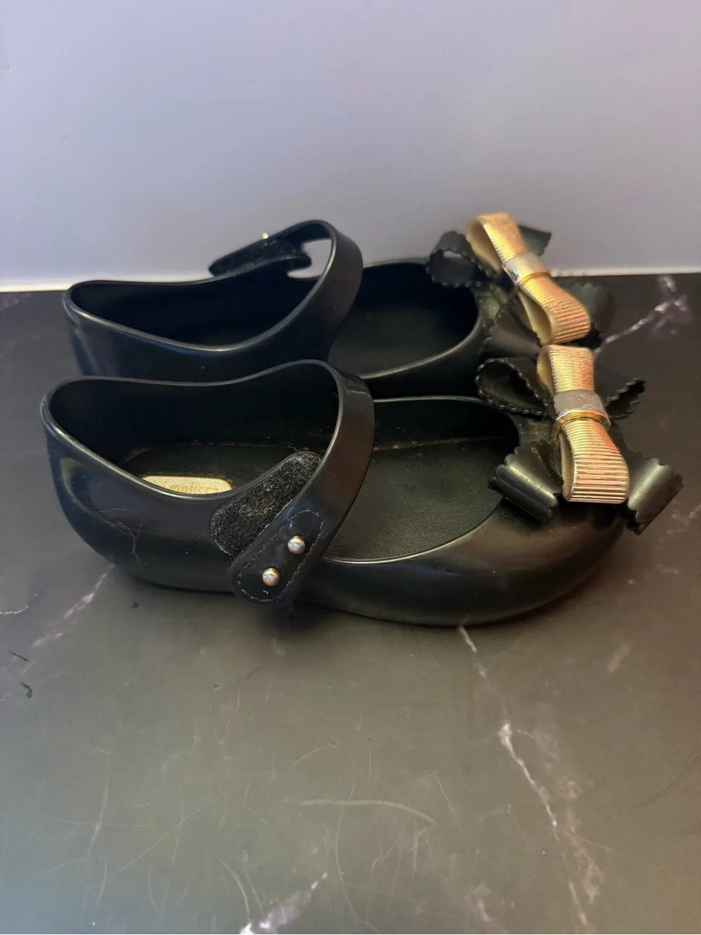Mini Melissa Black Kids Mary Jane Shoes with Gold Bow